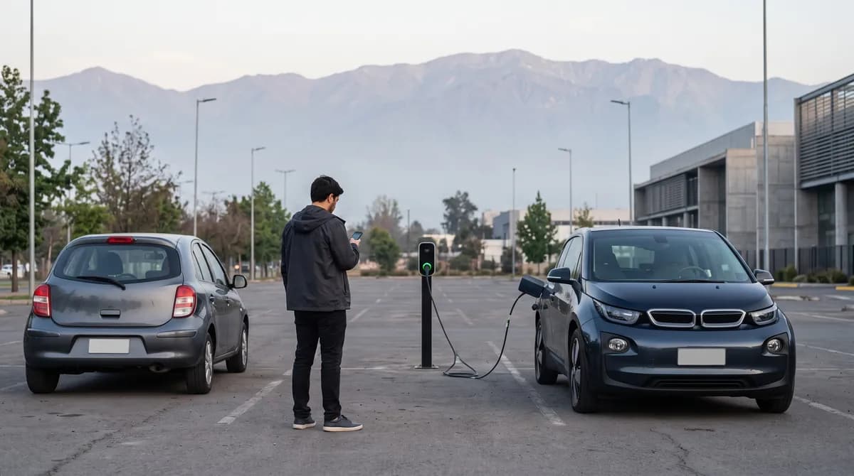 Persona comparando dos autos en un estacionamiento, uno de ellos cargando