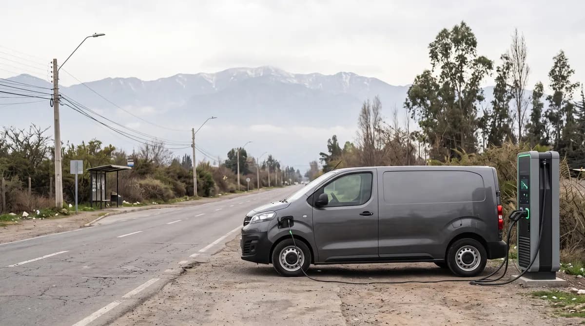 Furgón eléctrico de reparto cargando junto a un camino, con la cordillera de fondo
