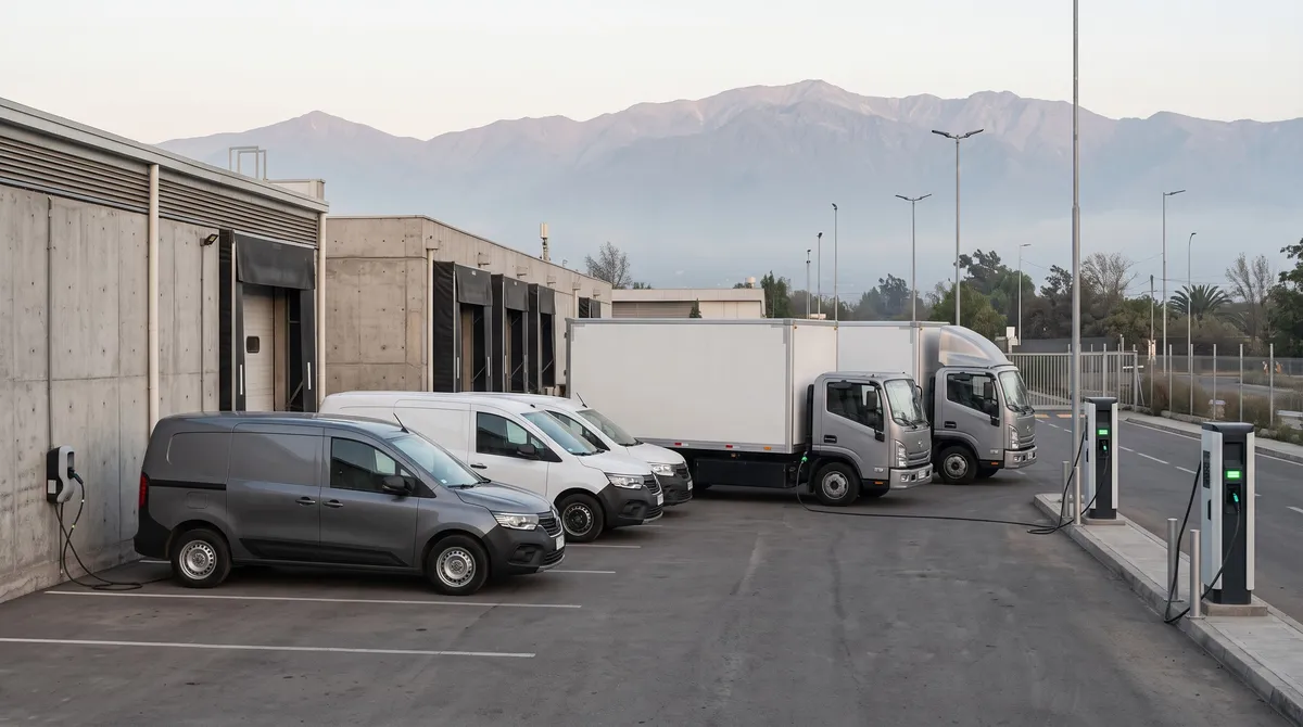 Furgones y camiones eléctricos estacionados junto a cargadores en un centro logístico