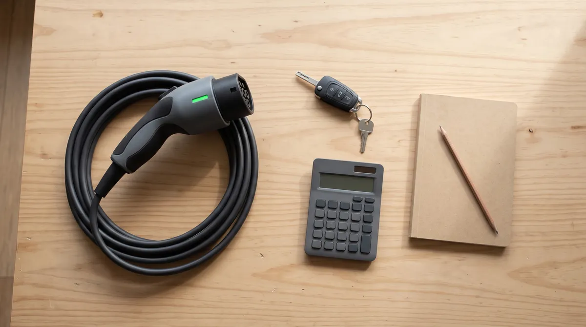Cable de carga, llave de auto, calculadora y libreta sobre una mesa de madera